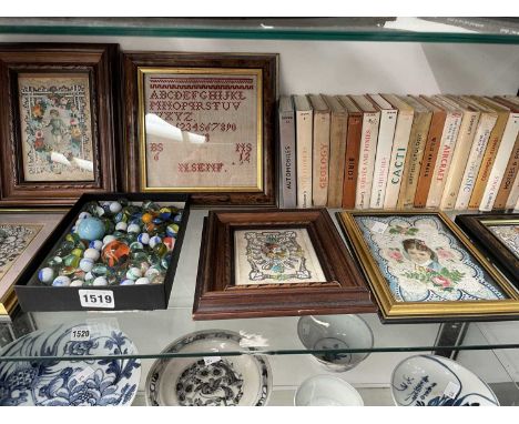 Five framed Victorian paper lace post cards, Observers books, glass marbles and a sampler.