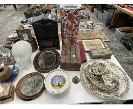 An Imari stick stand, mirrors, prints, a slide rule, Masons and Doulton ceramics, a Japanese lacquer jewellery cabinet, etc.
