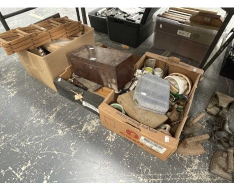 A mahogany tea caddy, cased and loose electroplate cutlery, a concertina pine wine rack, clothes irons, a meat mincer, table 
