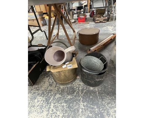 Two brass coal buckets, a brass fender, a white enamel jug, etc