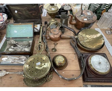 A brass chestnut roaster, brass skimmers, copper kettles, a brass oil lamp, electroplate cutlery, an aneroid barometer, etc.