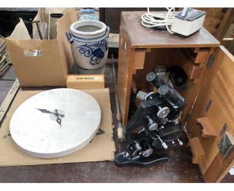 A cased Zeiss binocular microscope together with chemistry glass ware, a wall clock, mahjong and domino sets