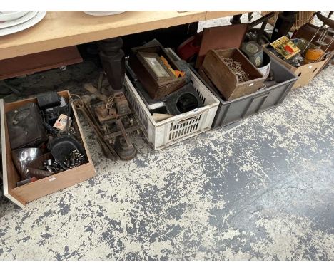 A collection of vintage keys, a set of scales, spanner sockets, a primus stove, a fuel can and other miscellaneous metal work