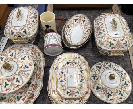 Platters, bowls and tureens from a 19th century service together with a Crown Devon musical mug and a 1835 pink lustre mug