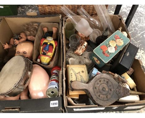Dolls, a Noddy car, fire bellows, oil lamp storm shades, tins, a tambourine, a kaleidoscope, etc 