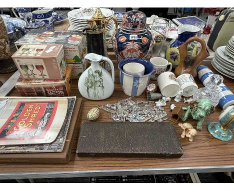 A Japanese Imari covered jar, boxes of glass ware, a miner's lamps, a claret jug, a Cornish ware rolling pin, etc.
