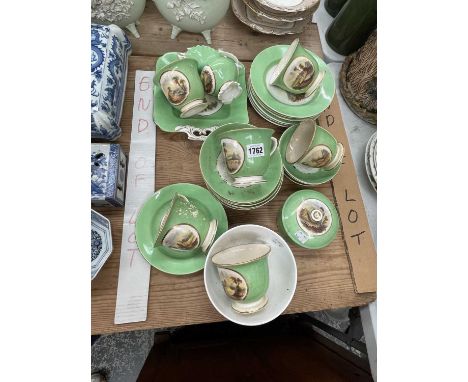 A Derby green bordered tea set painted with landscapesProv. Consigned from Chipping Norton Manor