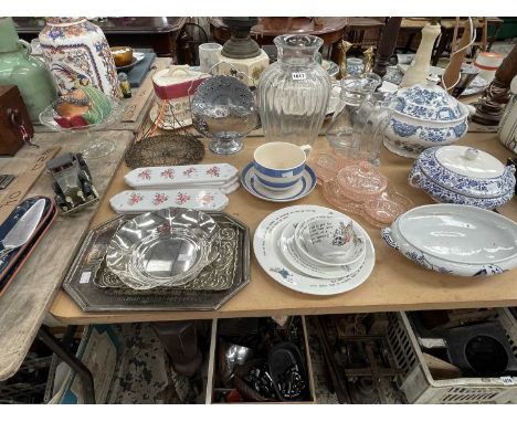 Doulton bunnikins wares, floral door finger plates, blue and white vegetable tureens, electroplate trays, a Cornish ware brea