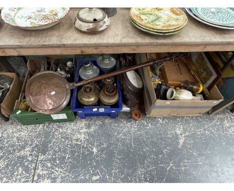 Wood planes, a copper warming pan, oil lamps, barometer parts and miscellanea