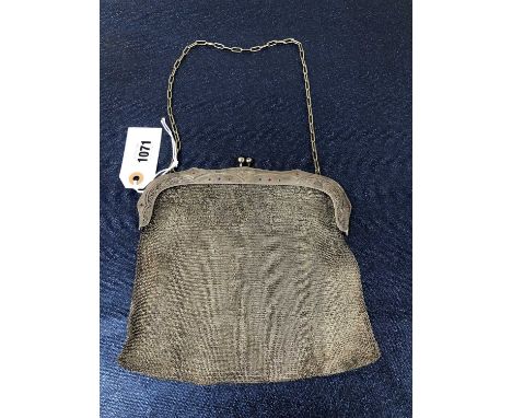 An antique silver and gemset 800 marked silver chain mail evening bag. Weight 373 grams. 