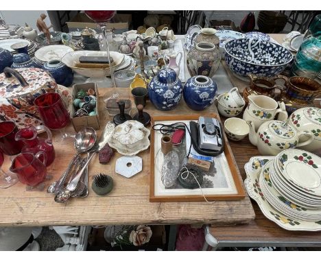A Ridgway Imari palette cheese bell, a glass celery vase, ruby glass, Chinese ginger jars, Titain pattern tea wares, a camera