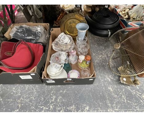 Handbags, a Coalport part tea set, glass dessert bowls, two ceramic figures. etc. 