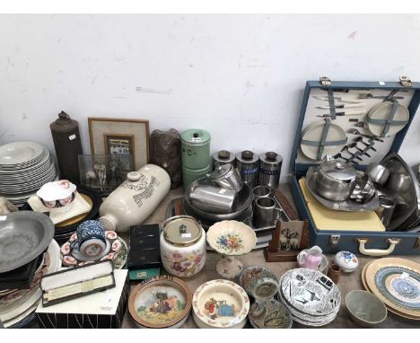 A picnic set, steel  tea and cooking wares, a Bunnikins children's dish, a Doulton stone ware hot water bottle, Danich and ot