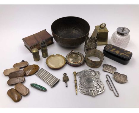 An Avery &amp; Son folding brass postal weight pin cushion and needle case together with a small brass lighter The Parr, UL, 