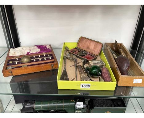 A Syke's hydrometer, boxed scales, meerschaum smoking items, dental cleaning tools, a bone apple corer, etc