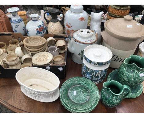 Wedgwood cabbage green plates, oatmeal stone ware tea set, a Chinese large tea pot, vases, a bread bin, a Portmeirion storage