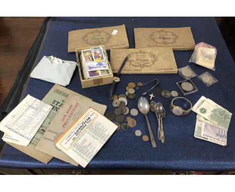 Cigarette and other collectors card, a quantity of silk Kensitas silks, various vintage bank notes, coins and a 9ct hallmarke