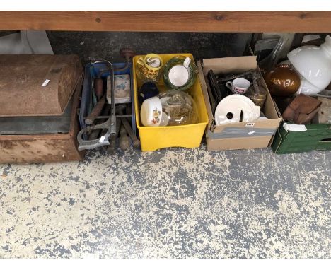 A metal chest, tools, a glass cheese bell, ceramics and sheet music, oil lamp storm shades, etc.