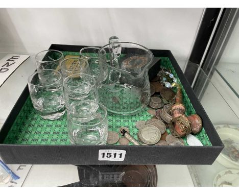 Cut glass shot glasses, coins, a pipe, a pencil mounted with a stanhope viewer of Portland, a crystal necklace, etc.