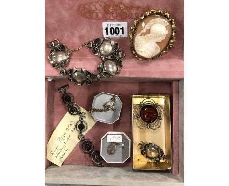 An antique oval portrait cameo brooch depicting a Roman soldier, Polish silver bracelet and brooch, a part gold chain assesse