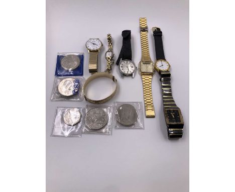Watches, coins and a 9ct gold and metal core bangle. Sekonda, Casio, Robertsons, etc. 