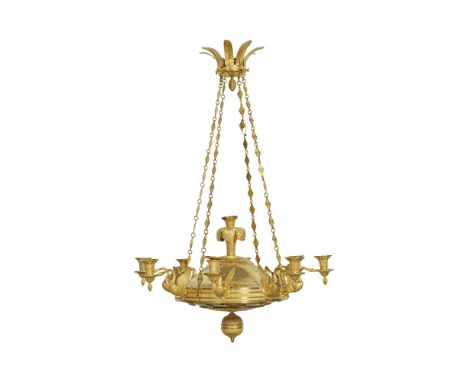 Lustre à huit lumières en bronze doré de la première moitié du XIXe siècle A French ormolu eight light chandelier, first half
