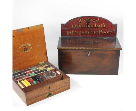 A 19th century mahogany church collection box, inscribed 'Blefsed is he that hath pity upon the Poor', 32cm wide, together wi