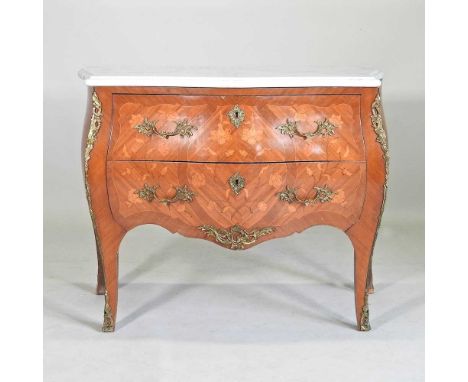 A continental marble top marquetry bombe commode, mid 20th century, with gilt metal mounts103w x 47d x 82h cmMarble broken