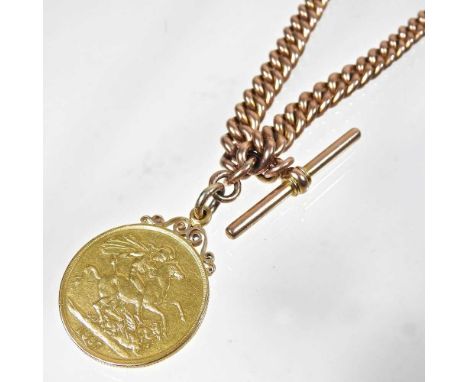 A Victorian double sovereign coin, dated 1887, mounted on a 9 carat gold watch chain with T bar, 63.8g gross, 35cm long