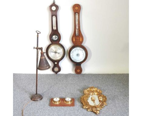 A toleware adjustable table lamp, 75cm high, together with a 19th century wheel barometer, another and a gilt girandole and a