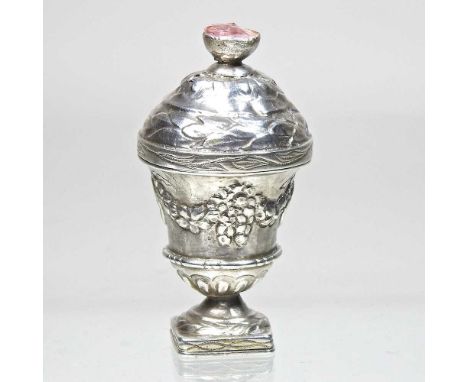 A 19th century novelty white metal snuff box, of urn shape with a hinged lid and seal base, stamped JAB inside, 65mm high