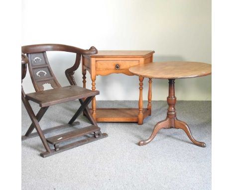 A 19th century mahogany tripod table, together with an early 20th century Chinese folding armchair and side table (3)