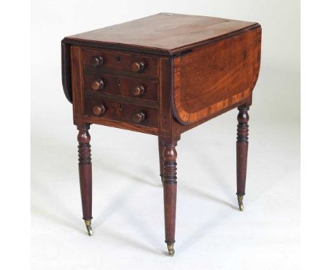 A late Regency mahogany and rosewood crossbanded work table, on ring turned legs36w x 50d x 61h cmOverall condition is sturdy