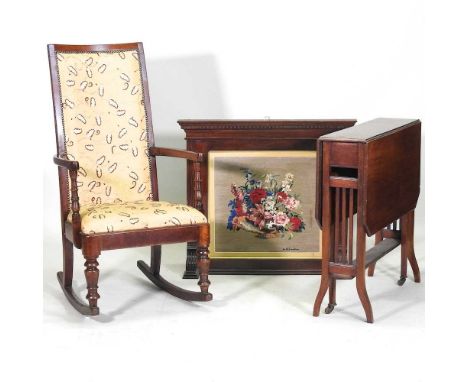 A Victorian upholstered rocking chair, together with an Edwardian sutherland table and an early 20th century firescreen, 80 x