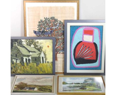 E R Roberts, contemporary, Beaulieu, Hants, signed watercolour, 34 x 50cm, together with three various paintings, papyrus pic