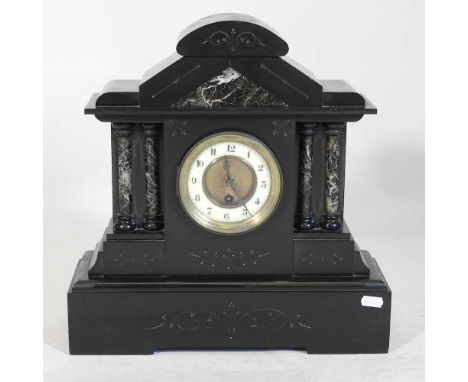 A Victorian black slate mantel clock, with marble panels, 39cm high