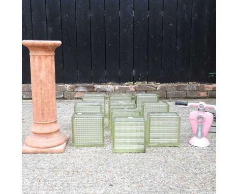 A collection of items, to include ten green glass bricks, a column and a novelty Vespa table lamp (12)