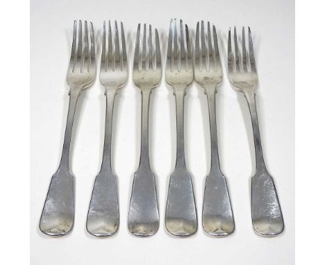 A collection of George IV silver fiddle pattern table forks, various makers and dates, circa 1820, each with engraved initial