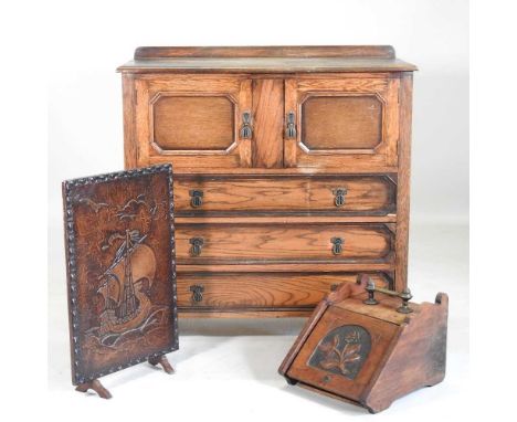 A 1920's oak cabinet, together with a Victorian coal purdonium and fire screen (3)104w x 44d x 103h cm