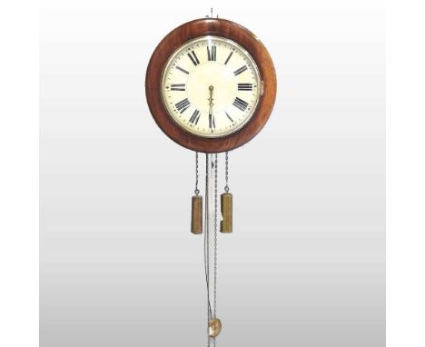 A 19th century postman's alarm clock, with a painted dial, 38cm diameterHas weights and pendulum. It will run when set up, bu