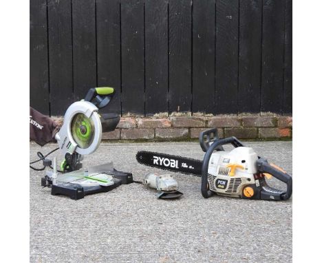 A Ryobi petrol chainsaw, together with an evolution saw and a hand sander (3)