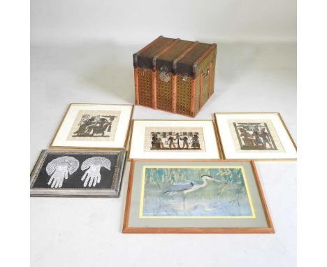 An early 20th century Louis Vuitton style wooden bound trunk, together with a collection of Egyptian prints and pictures (7)4