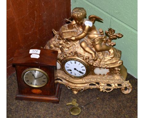 French gilt metal striking mantel clock, dial signed Leroy, Paris together with an Edwardian inlaid mahogany mantel time piec