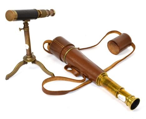 A brass two draw telescope by Broadhurst Clarkson & Co Ltd, with leather sleeve, a small brass table telescope on folding tri