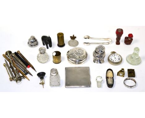 Assorted silver and other collectables to include a cigarette case; a Chinese mustard pot; pencils; jar mounts; a pocket watc