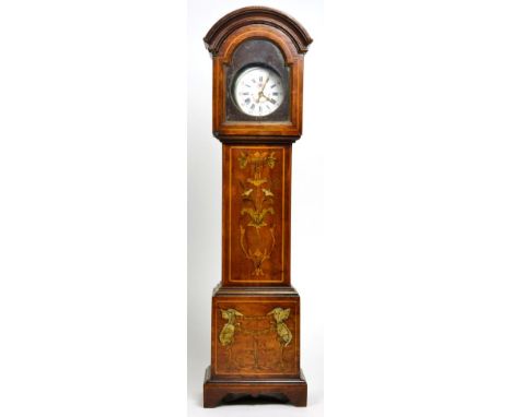 A miniature marquetry inlaid long case clock case housing a plated pocket watch