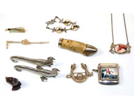 Equarian interest, a silver vesta case with plaque depicting a gentleman on horseback; a painted ingalio equestrian portrait 