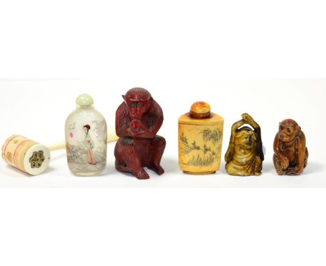 A 19th century ivory gavel, a Chinese scent bottle, a carved monkey netsuke, and another carved monkey together two other sma