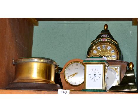 A reproduction bulk head clock and similar barometer together with four various mantel timepieces