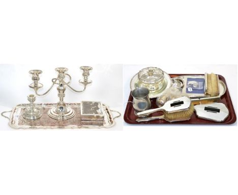 An Art Deco silver and guilloche enamel dressing table brush and mirror set with an associated silver tray; a silver photo fr